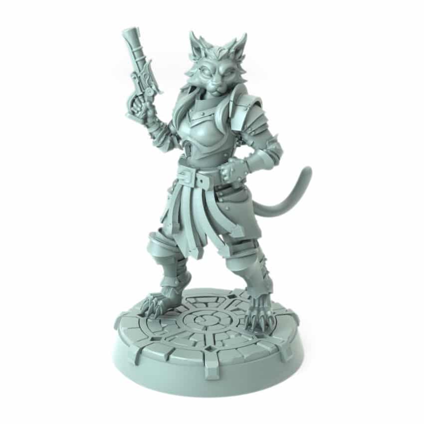 3D-printed feline warrior with intricate armor and pistol for RPGs and tabletop games