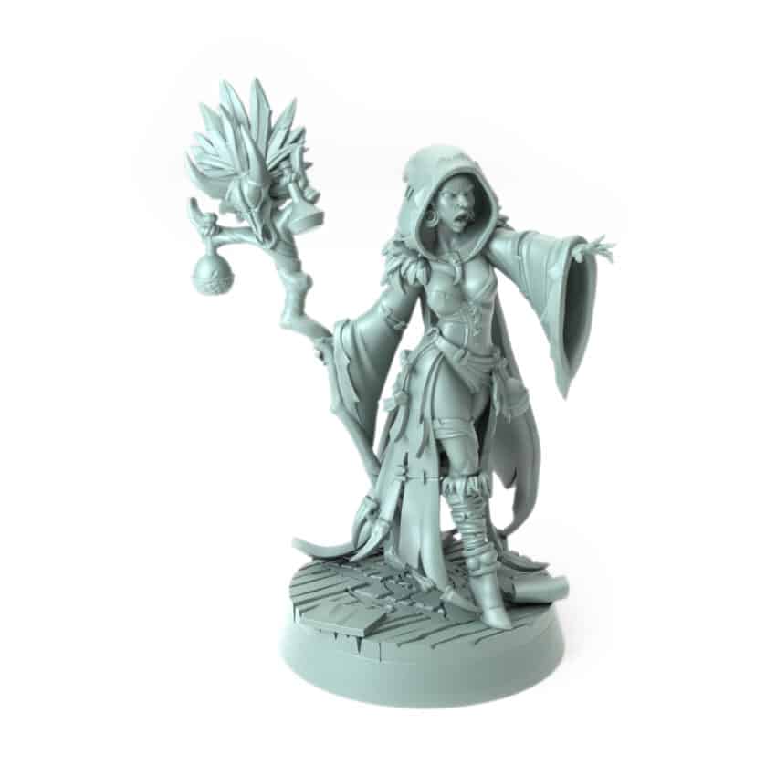 3D-printed fantasy miniature Morgana summoning magical forces with staff