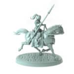 3D-printed miniature of a mounted female rider charging with spear in fantasy setting