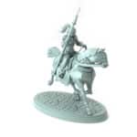 3D-printed miniature of a mounted female rider charging with spear in fantasy setting