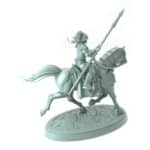 3D-printed miniature of a mounted female rider charging with spear in fantasy setting