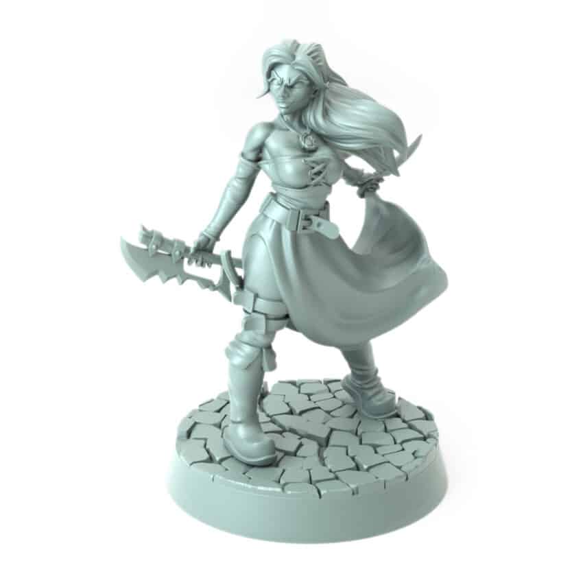 Female warrior with a serrated sword standing battle-ready 3D printed for tabletop role-playing