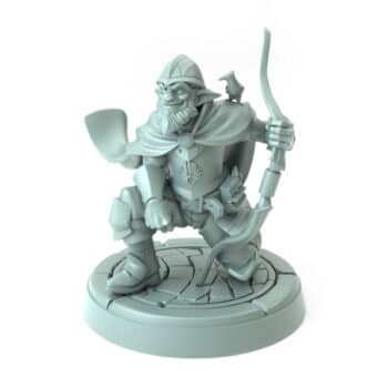 3D-printed miniature of a half-orc male ranger crouched with a bow in hand and a bird on his shoulder