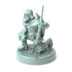 3D-printed miniature of a half-orc male ranger crouched with a bow in hand and a bird on his shoulder