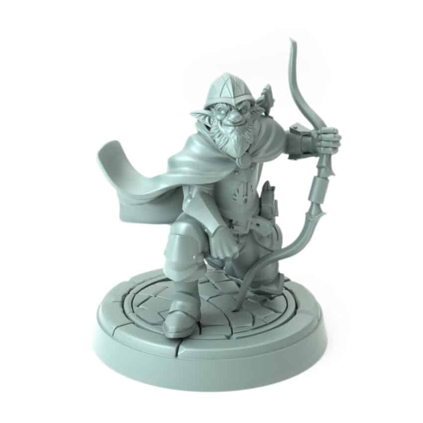 3D-printed miniature of a half-orc male ranger crouched with a bow in hand and a bird on his shoulder