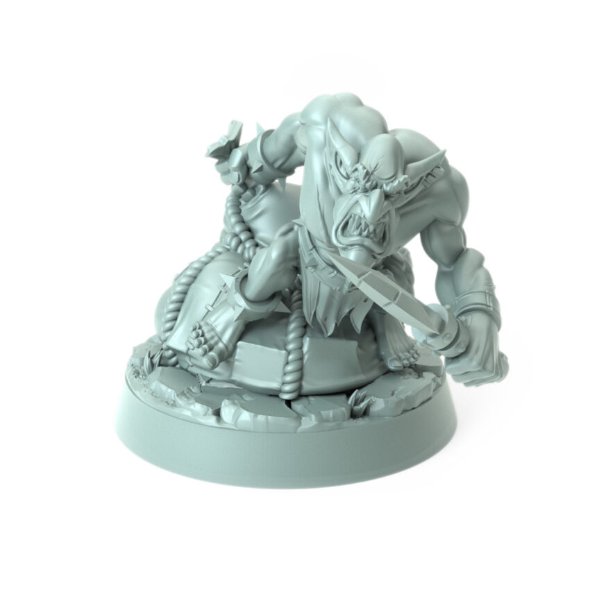 A highly detailed 3D-printed miniature of an Orc Gretchin crouching atop a pile of loot holding a sharp blade with a fierce expression.