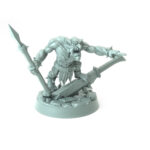 miniture of orc wielding spear and jagged blade poised on rocky base.