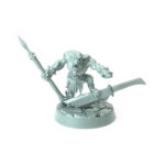 miniture of orc wielding spear and jagged blade poised on rocky base.