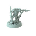 miniture of orc wielding spear and jagged blade poised on rocky base.