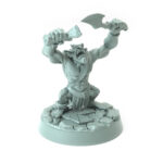 miniture of orc wielding spear and jagged blade poised on rocky base.