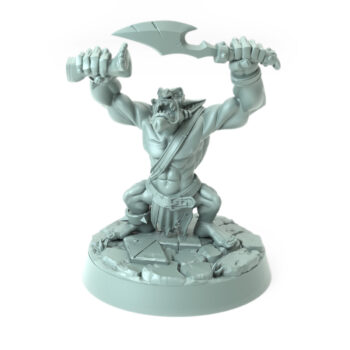 miniture of orc wielding spear and jagged blade poised on rocky base.