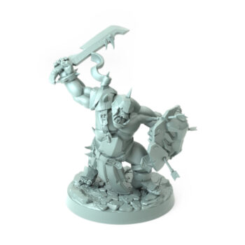 3D printed Orc Grunt A wielding a jagged blade with a shield full of arrows standing on a rocky base part of the Iron Skull Orcs theme