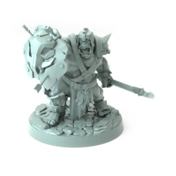 3D printed Orc Grunt B holding a jagged sword and large shield with embedded arrows standing on a stone-like base from the Iron Skull Orcs theme