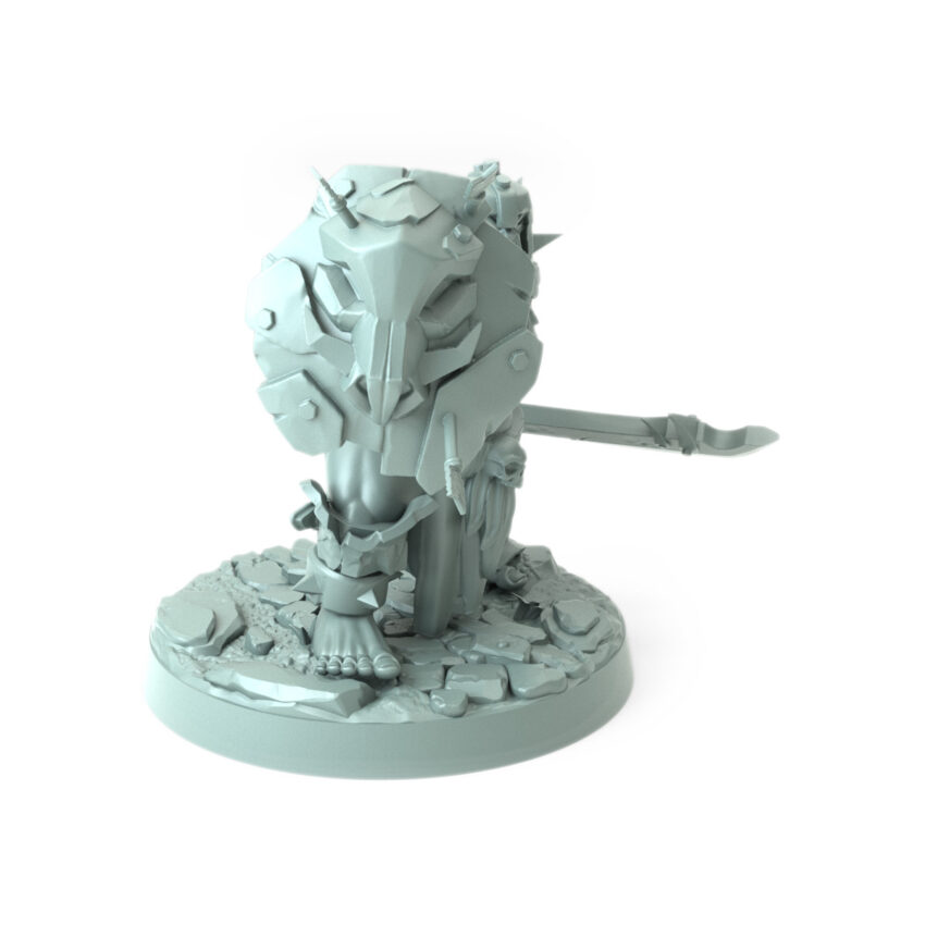 3D printed Orc Grunt B holding a jagged sword and large shield with embedded arrows standing on a stone-like base from the Iron Skull Orcs theme