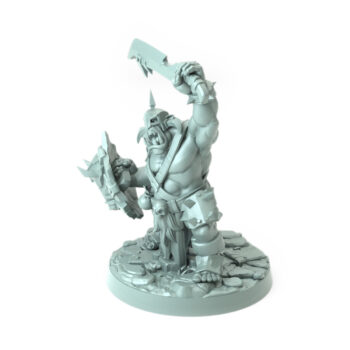 3D printed Orc Grunt C holding a jagged sword and shield with battle-worn details standing on a rocky terrain part of the Iron Skull Orcs theme