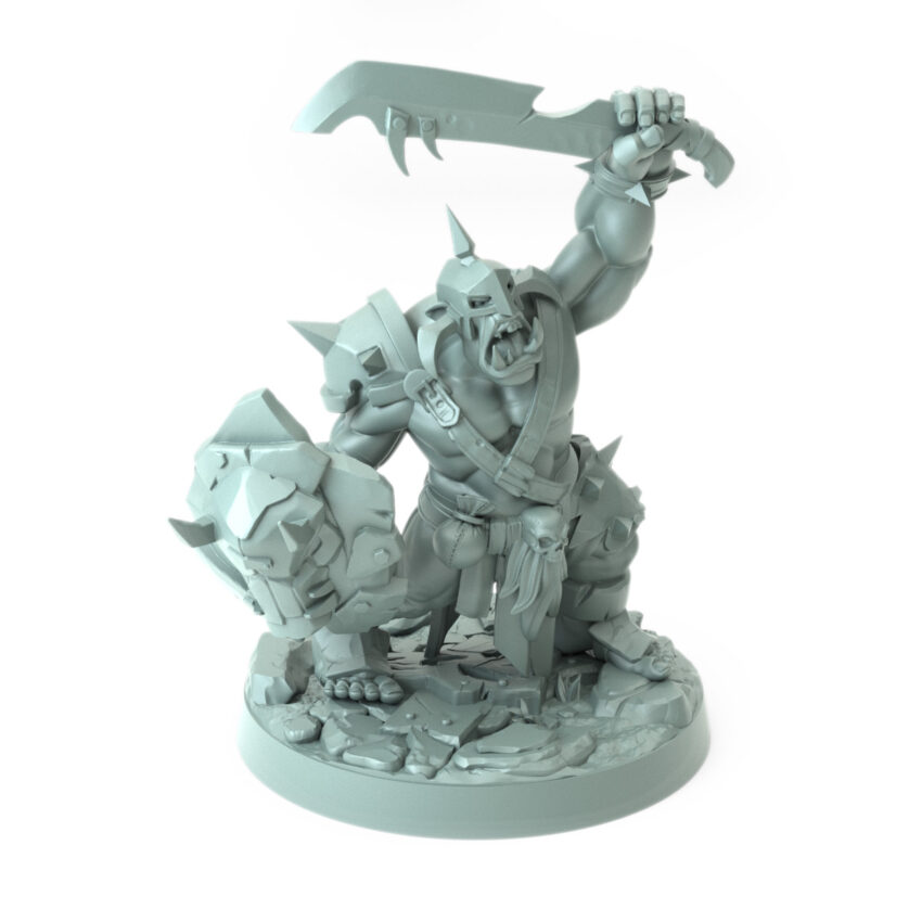 3D printed Orc Grunt C holding a jagged sword and shield with battle-worn details standing on a rocky terrain part of the Iron Skull Orcs theme