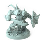 3D printed Orc Grunt D with curved blade and spiked shield standing on rugged terrain part of the Iron Skull Orcs theme