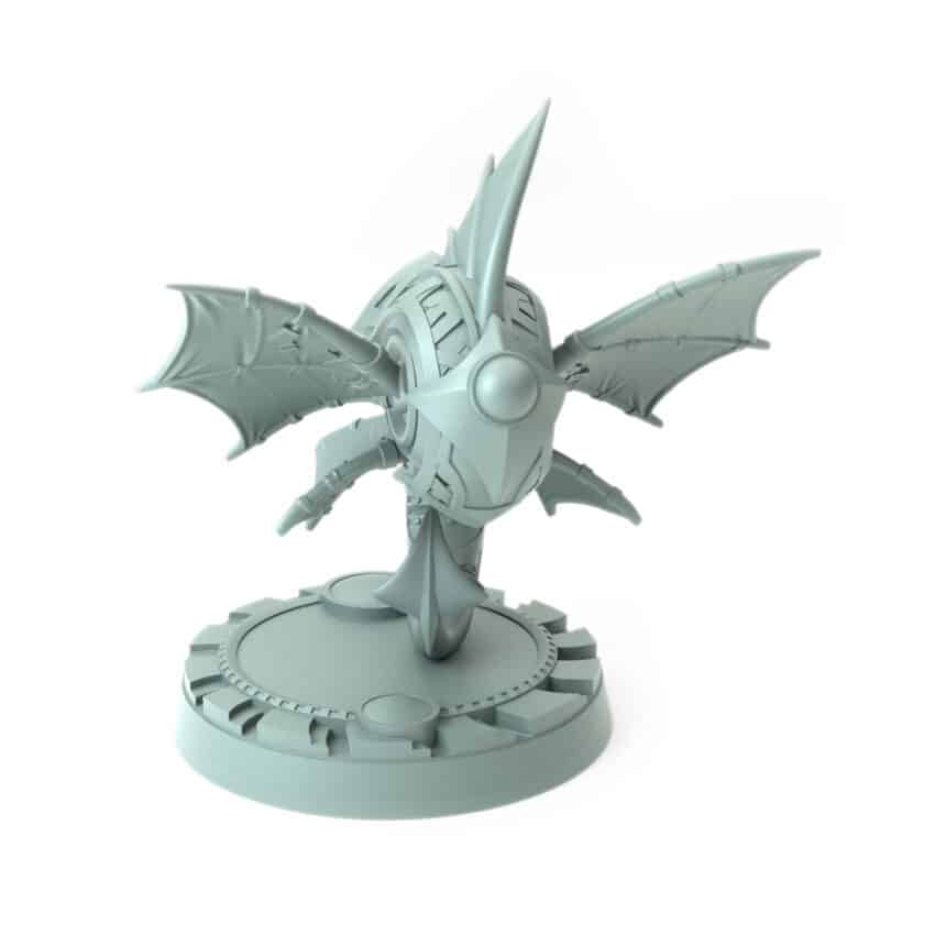 3D-printed mechanical dragon-inspired miniature with spiral tail for fantasy games