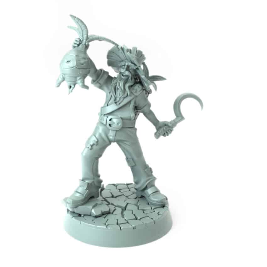 Herbalist miniature pulling a mandrake from the ground with a sickle in hand 3D printed for tabletop role-playing