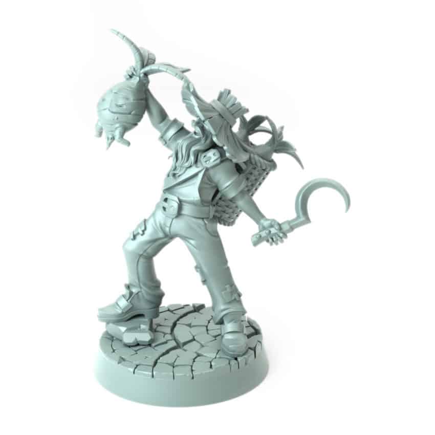 Herbalist miniature pulling a mandrake from the ground with a sickle in hand 3D printed for tabletop role-playing