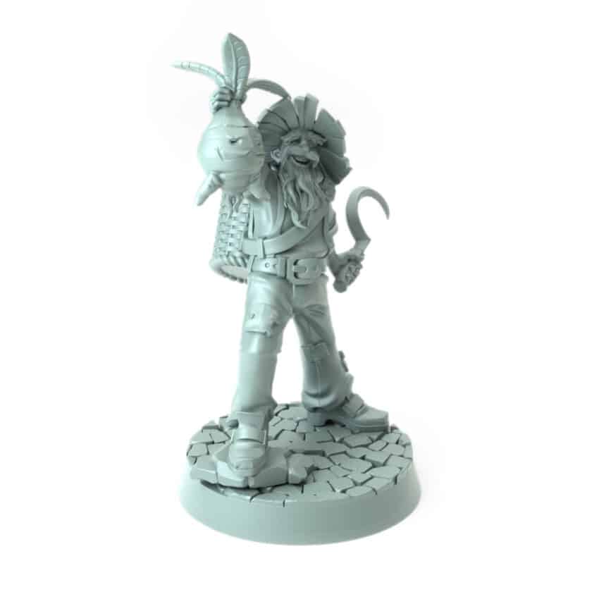 Herbalist miniature pulling a mandrake from the ground with a sickle in hand 3D printed for tabletop role-playing