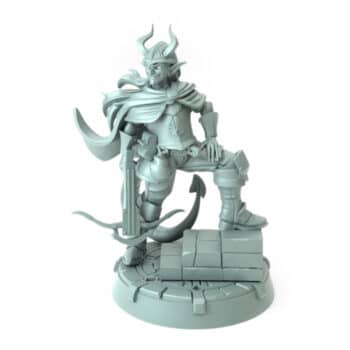 3D-printed miniature of a half-elf female guard standing with a crossbow and a stack of bricks in a watchful pose