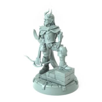 3D-printed miniature of a half-elf female guard standing with a crossbow and a stack of bricks in a watchful pose