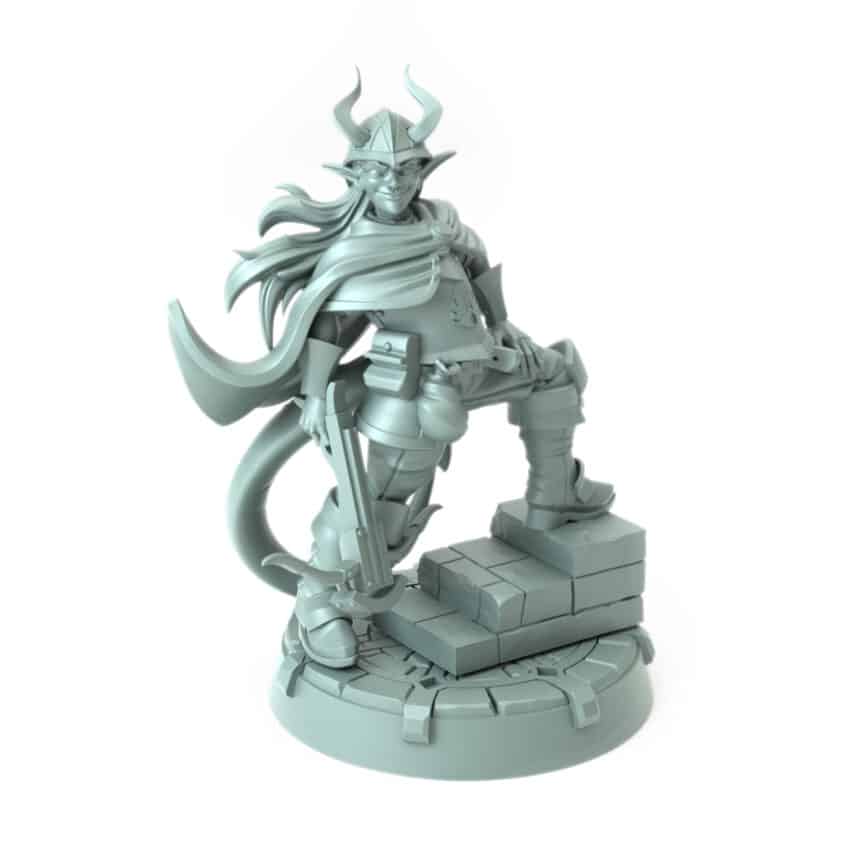 3D-printed miniature of a half-elf female guard standing with a crossbow and a stack of bricks in a watchful pose