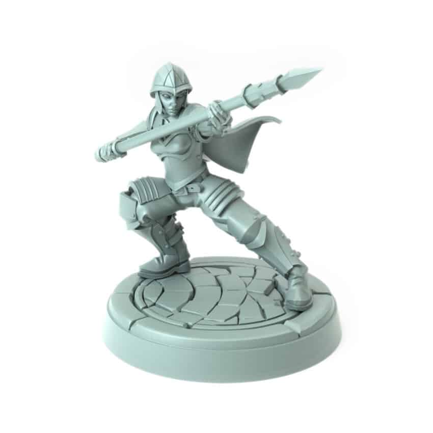 3D-printed miniature of a female human guard in a dynamic pose with a spear