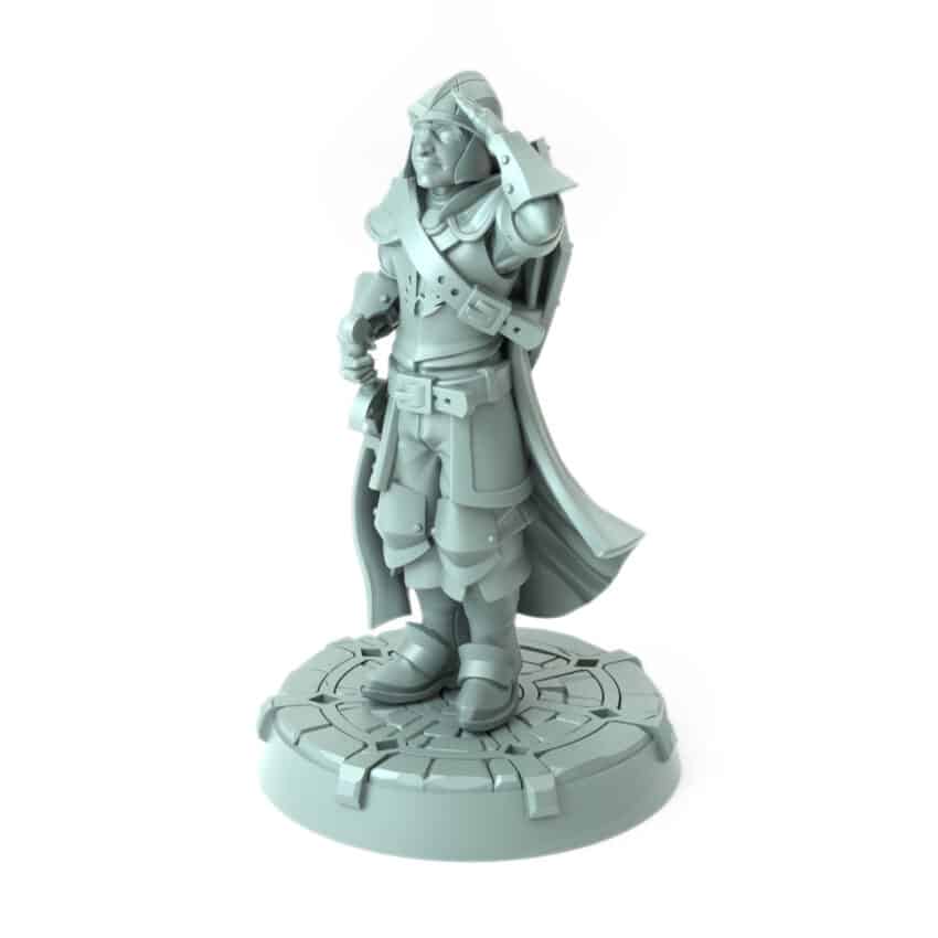 3D-printed miniature of a young male human city guard standing at attention