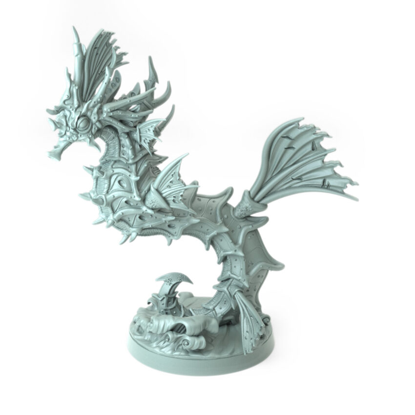 High-detail 3D-printed model of Seahorse B featuring a sleek armored sea guardian with spiked crests.