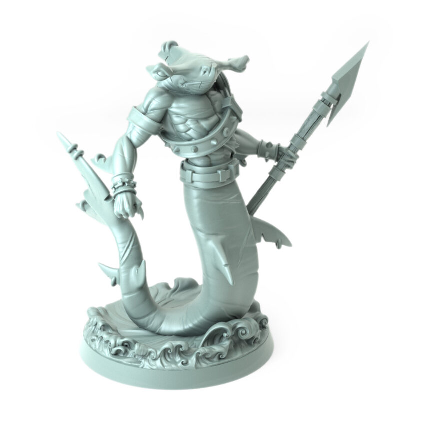 High-detail 3D-printed model of Shark A featuring a humanoid shark warrior with intricate armor and weaponry.