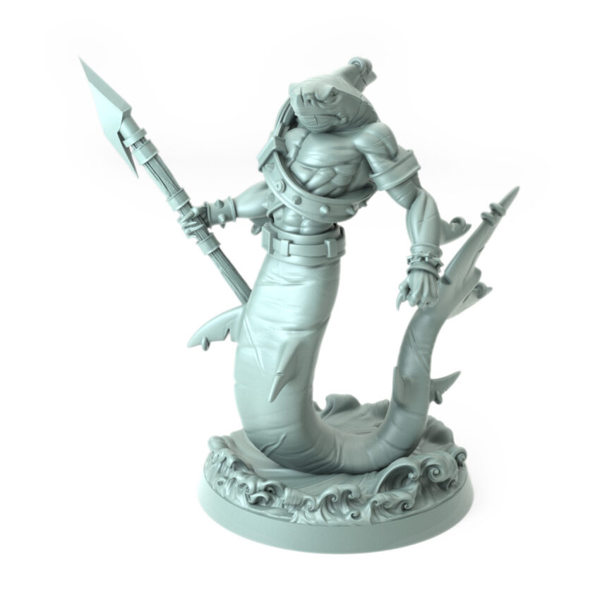 High-detail 3D-printed model of Shark B featuring a muscular and battle-ready shark warrior.