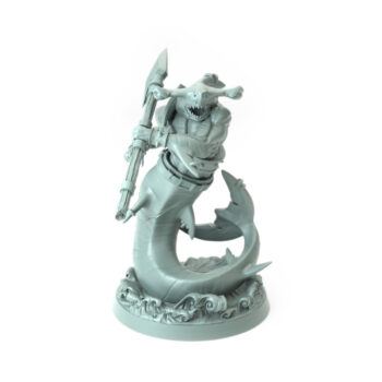 High-detail 3D-printed Shark C model featuring a fierce sharkman warrior with a barbed spear.