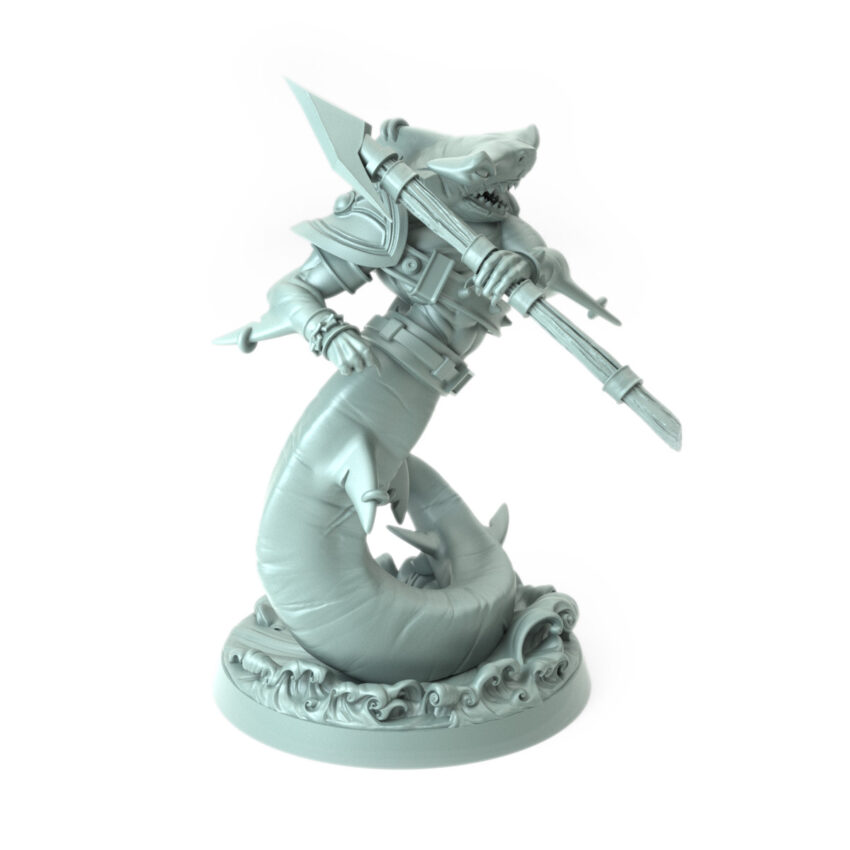 High-detail 3D-printed Shark C model featuring a fierce sharkman warrior with a barbed spear.