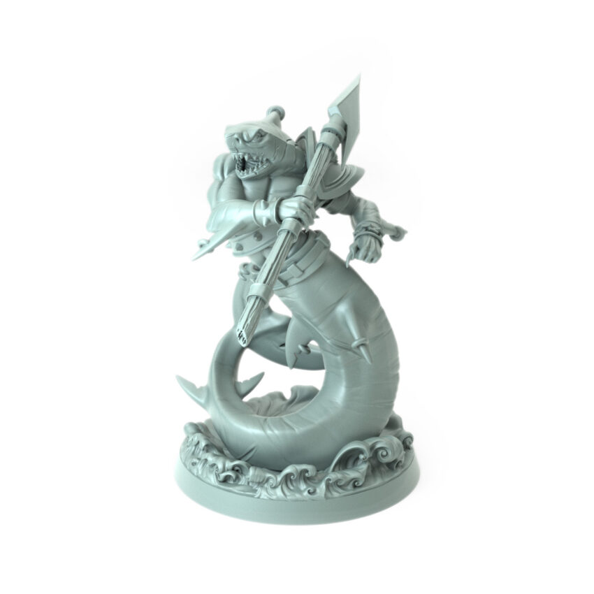 High-detail 3D-printed Shark D model featuring a fierce sharkman warrior with a harpoon spear.