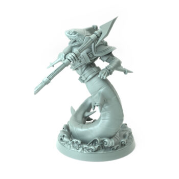 High-detail 3D-printed Shark D model featuring a fierce sharkman warrior with a harpoon spear.