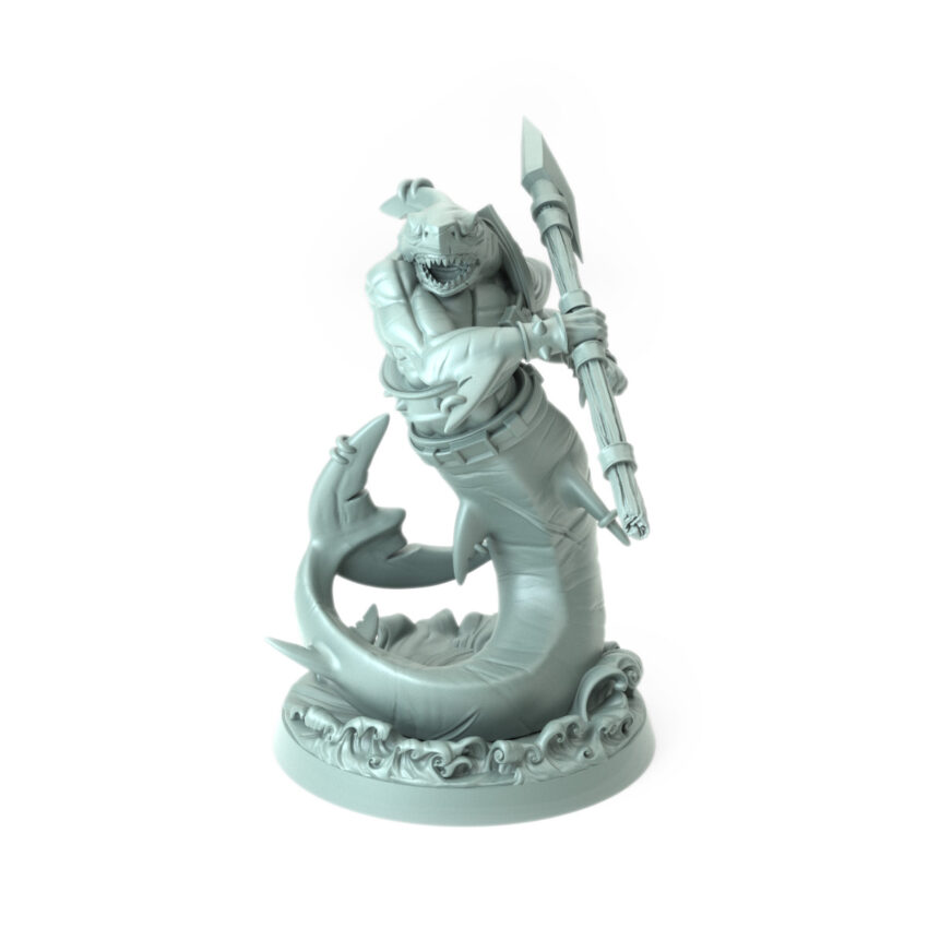 High-detail 3D-printed Shark D model featuring a fierce sharkman warrior with a harpoon spear.