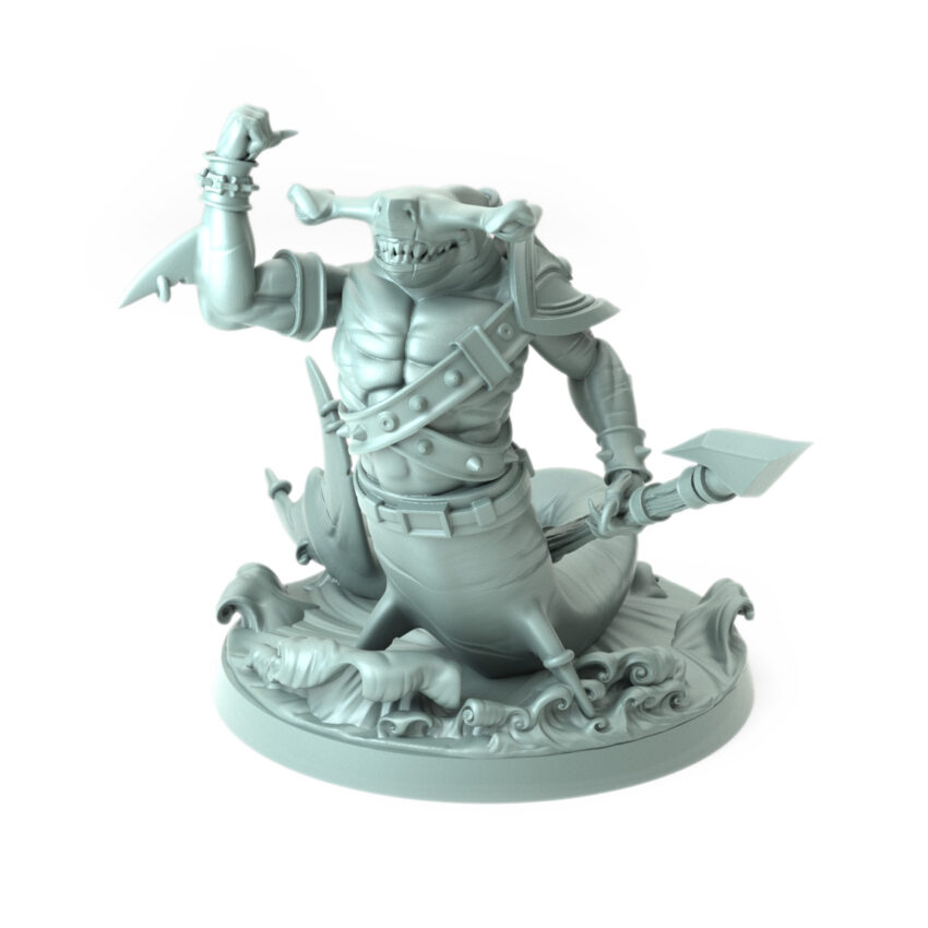 High-detail 3D-printed Shark E model featuring a confident sharkman with a harpoon.