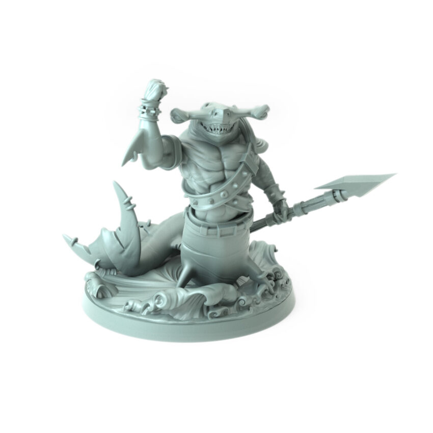 High-detail 3D-printed Shark E model featuring a confident sharkman with a harpoon.