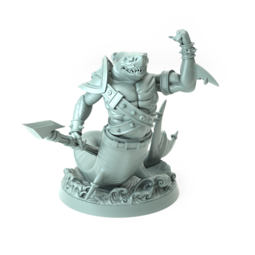 High-detail 3D-printed Shark F model featuring a dynamic sharkman with a harpoon.