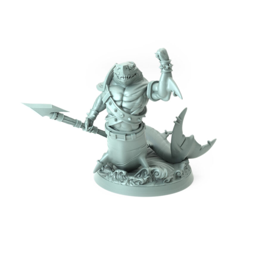 High-detail 3D-printed Shark F model featuring a dynamic sharkman with a harpoon.