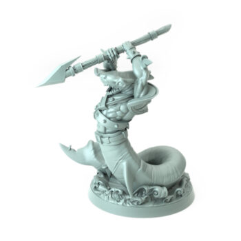 High-detail 3D-printed Shark G model featuring a dynamic sharkman with a raised harpoon.