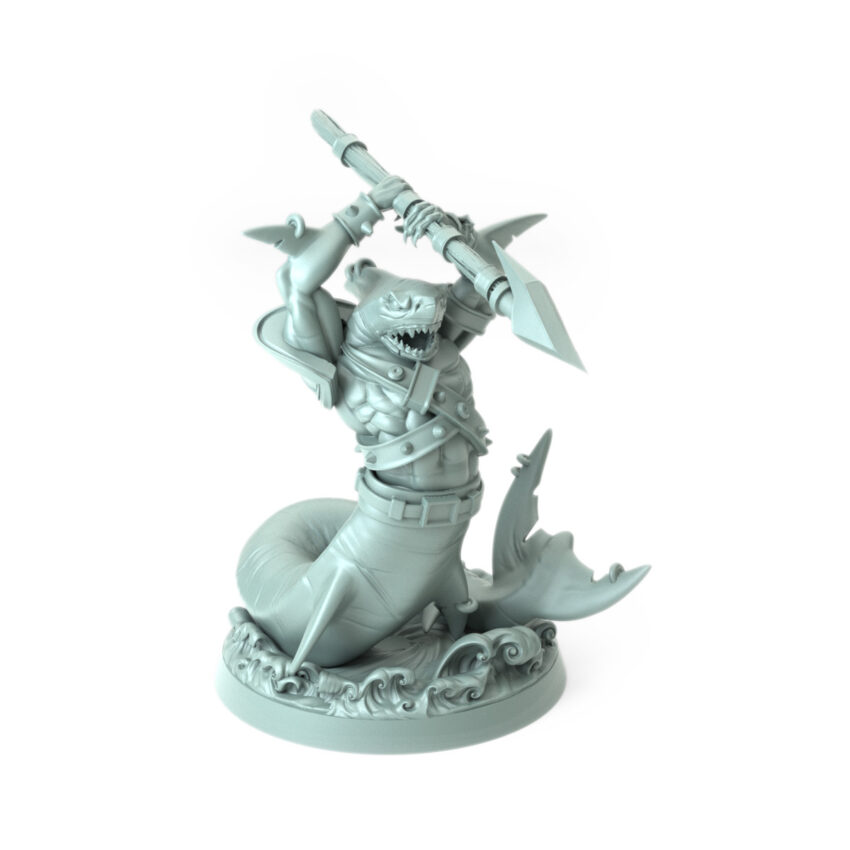 High-detail 3D-printed Shark H model featuring a sharkman warrior with a harpoon.