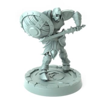 3D-printed fantasy miniature Shield Taunt Skeleton with defensive stance