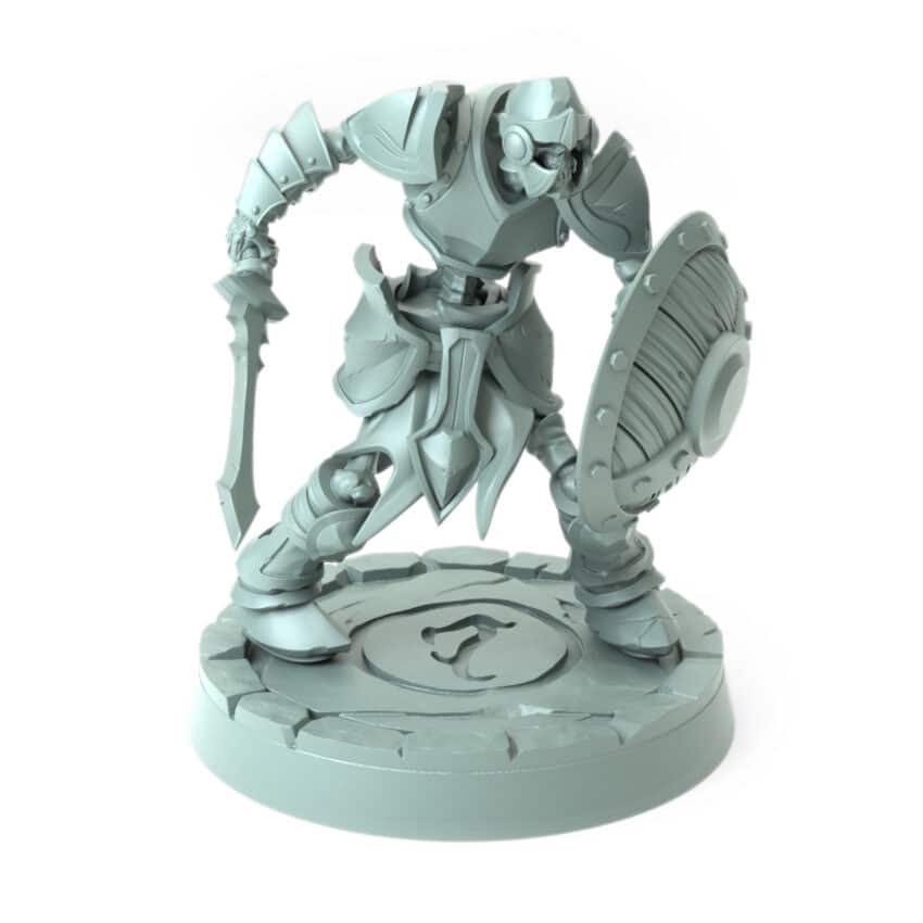 3D-printed fantasy miniature Shield and Sword Skeleton in battle stance