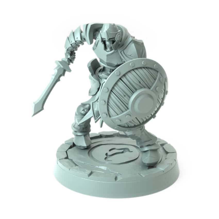 3D-printed fantasy miniature Shield and Sword Skeleton in battle stance