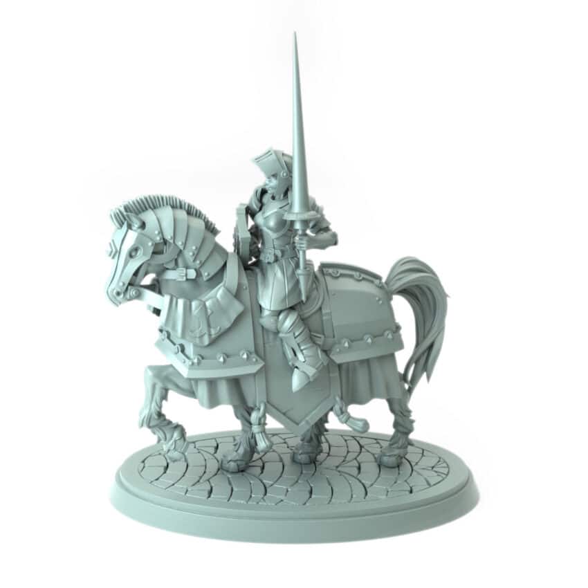 3D-printed miniature of a female knight riding a horse in full armor