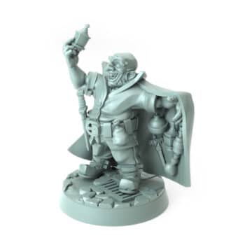 Dwarf brewsmith miniature holding a flask and surrounded by brewing tools 3D printed for tabletop role-playing