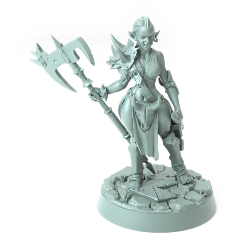 3D printed Skull Collectors A female orc holding a double-bladed axe with spiked armor standing on a cracked stone base from the Iron Skull Orcs theme